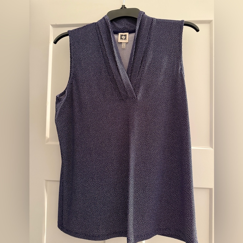 Anne Klein Sleeveless V-Neck Blouse - Navy and White Dots